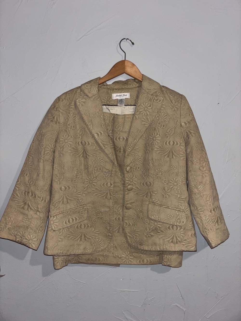 Judith Harr Textured Cream Embroidered Blazer and Skirt- Women's